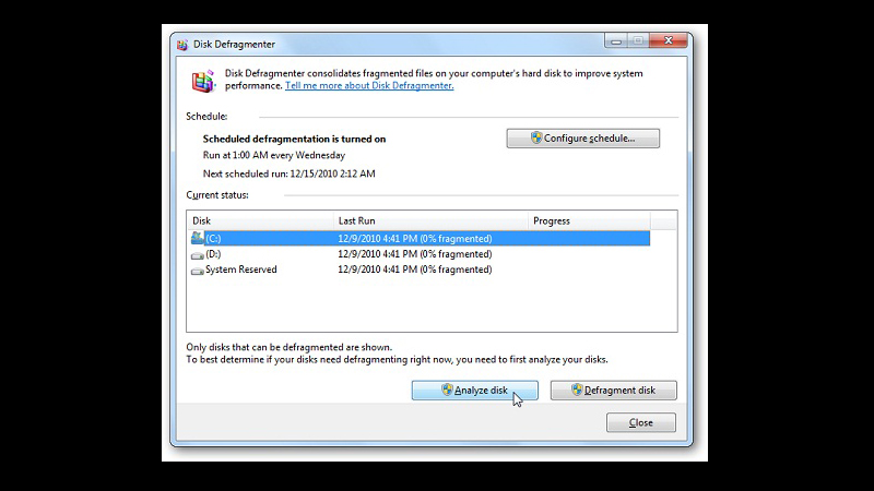 Bật phần mềm Windows Defrag